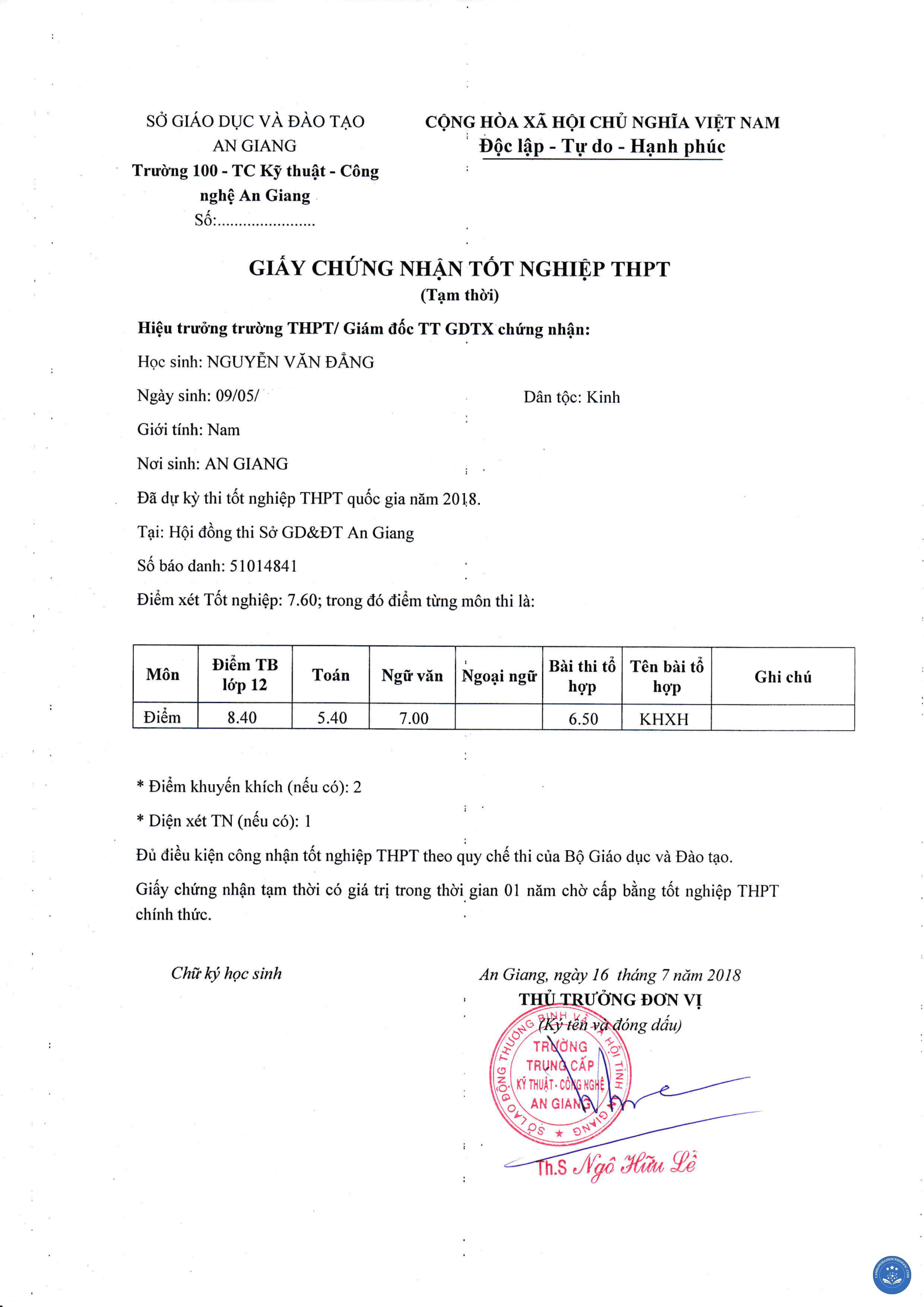 giấy chứng nhận tốt nghiệp tạm thời - Image 1